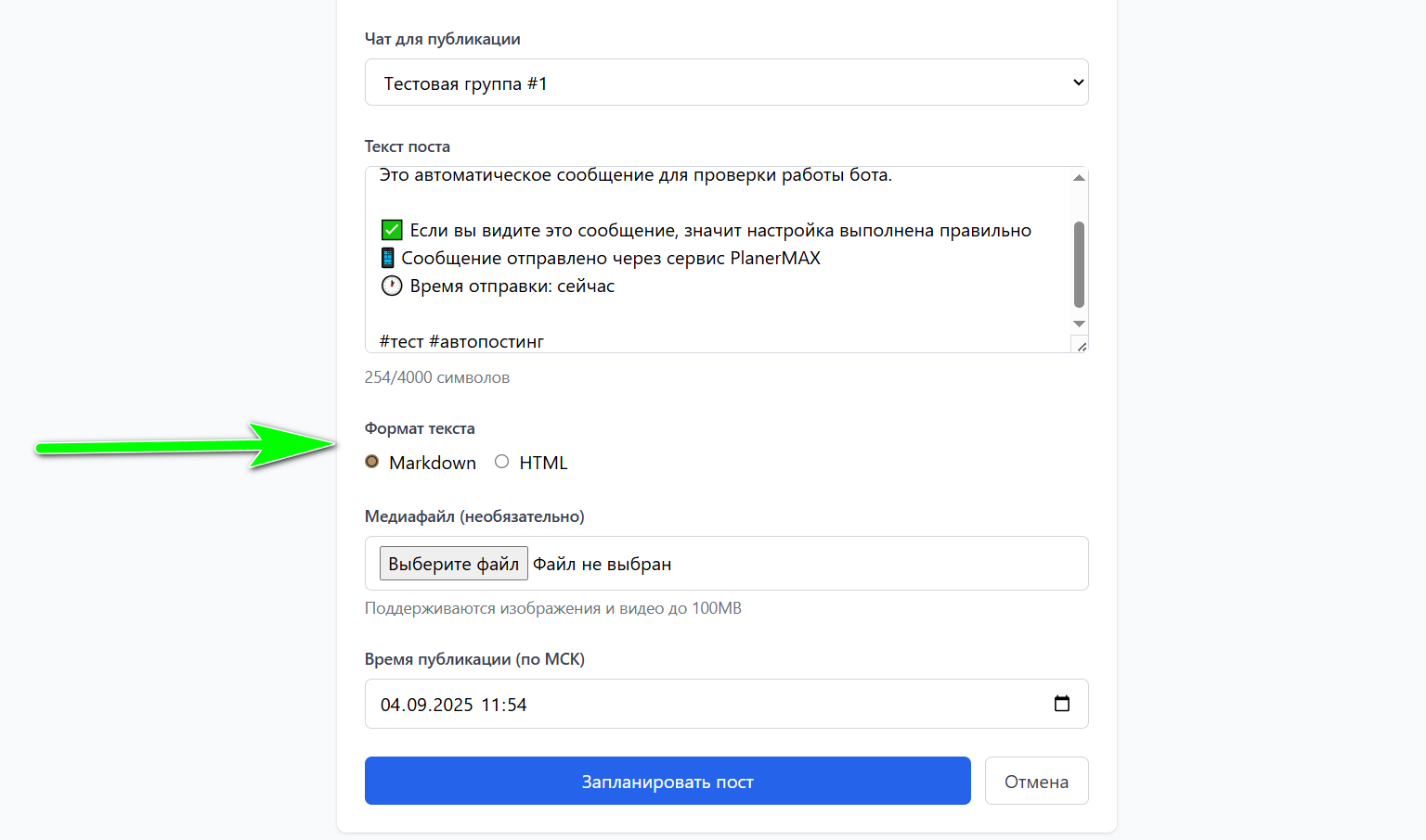 скриншот выбора типа форматирования